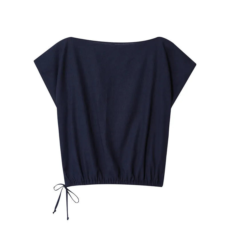 Women's linen-look shirt with off-neck and flounced sleeves paired with wide leg trousers