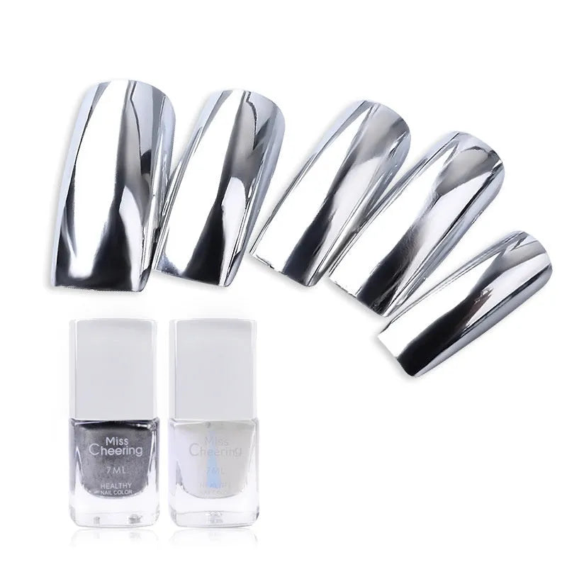 Mirror silver nail polish bottle with stainless-steel ball, water-soluble pure silver paste, base coat and silvery style options