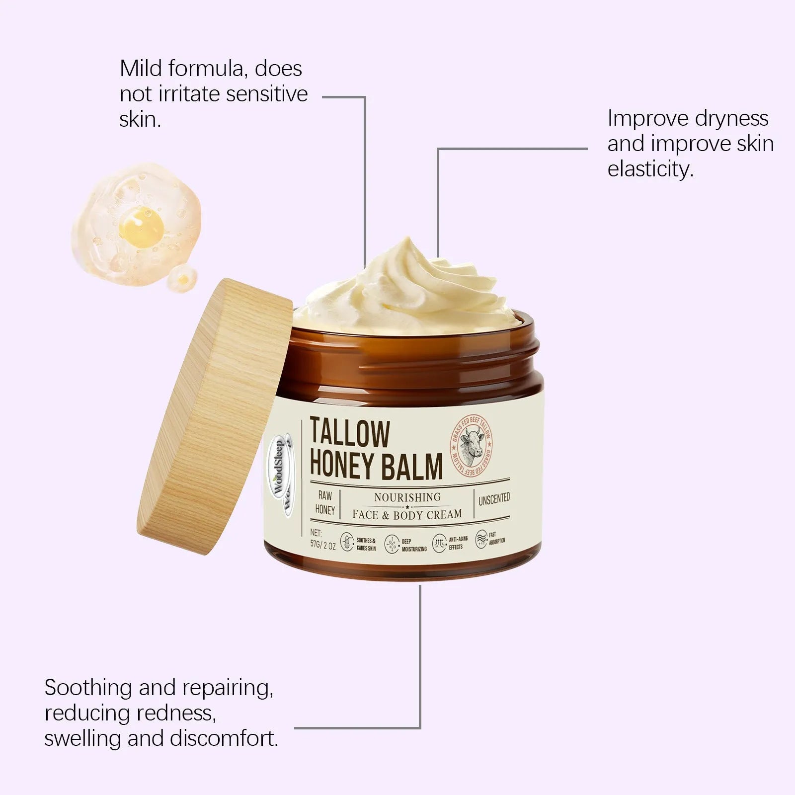 Tallow honey skin repair moisturising cream in 57g jar with natural ingredients