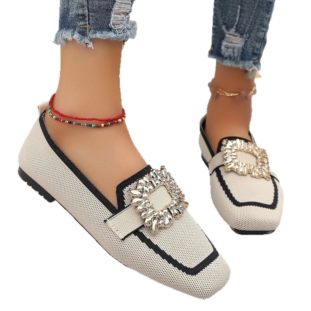 Flyknit slip-on square toe rhinestone flat shoes for women in plus sizes low heel 1-3cm