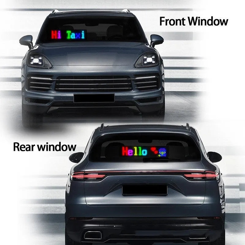 Programmable flexible LED car sign displaying custom animated text on a 7x17cm screen.