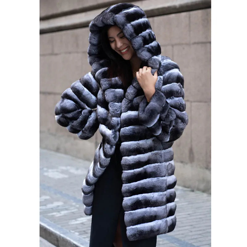 Women's zebra stripe faux fur mid-length overcoat in Japanese Korean casual style