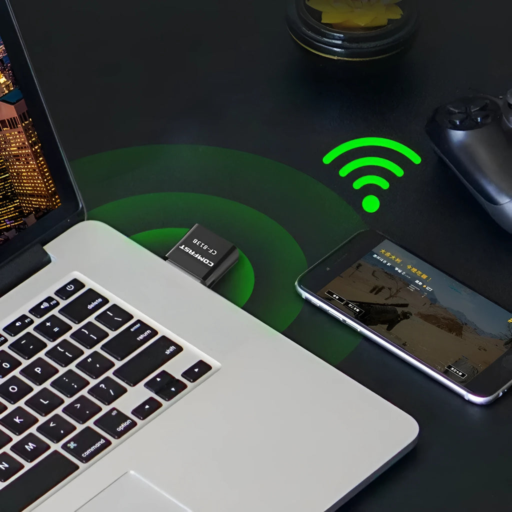 Black two-in-one network card with nickel-plated USB connector combining Bluetooth adapter and dual band access point
