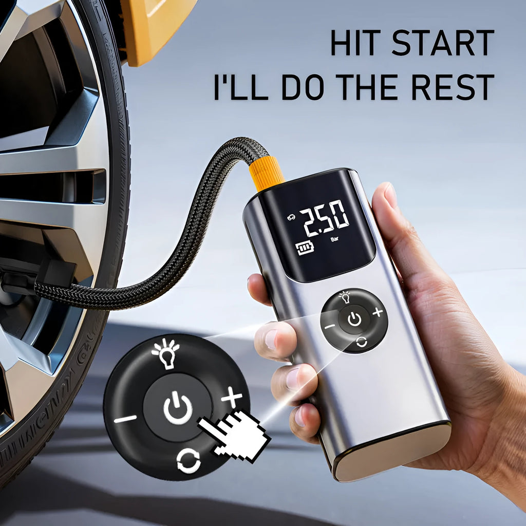 80W portable tire inflator with pressure gauge, warning light and USB charging in black or silver white ABS housing