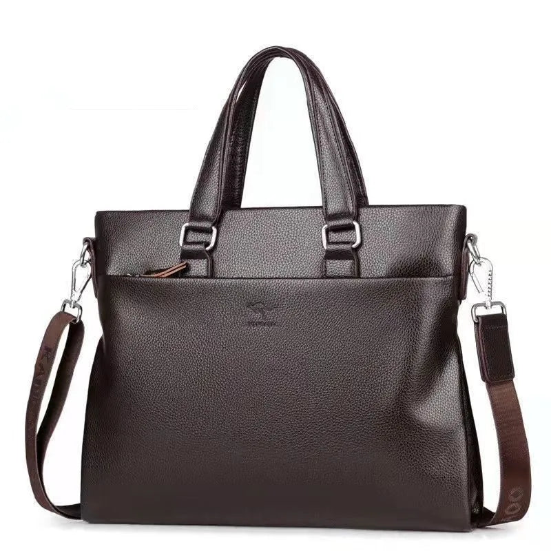 Men's black and brown PU leather shoulder messenger bag with splicing details