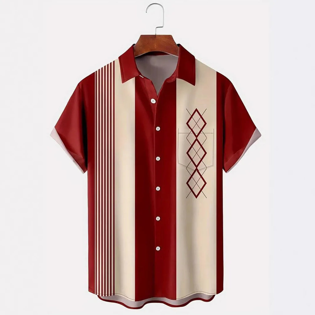 Men's plaid short-sleeved shirt with lapel cardigan style in polyester elastic fabric