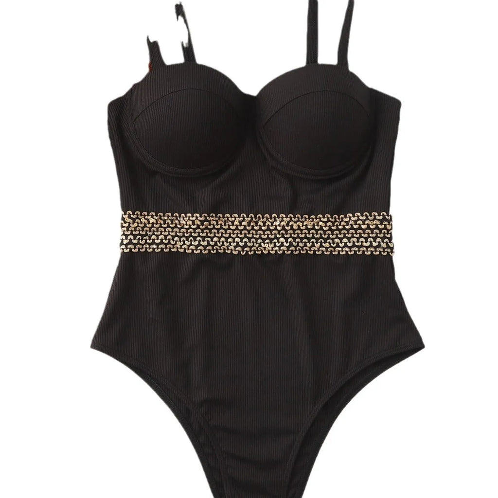 Black one-piece women's swimsuit bikini with adjustable shoulder straps on a white background.