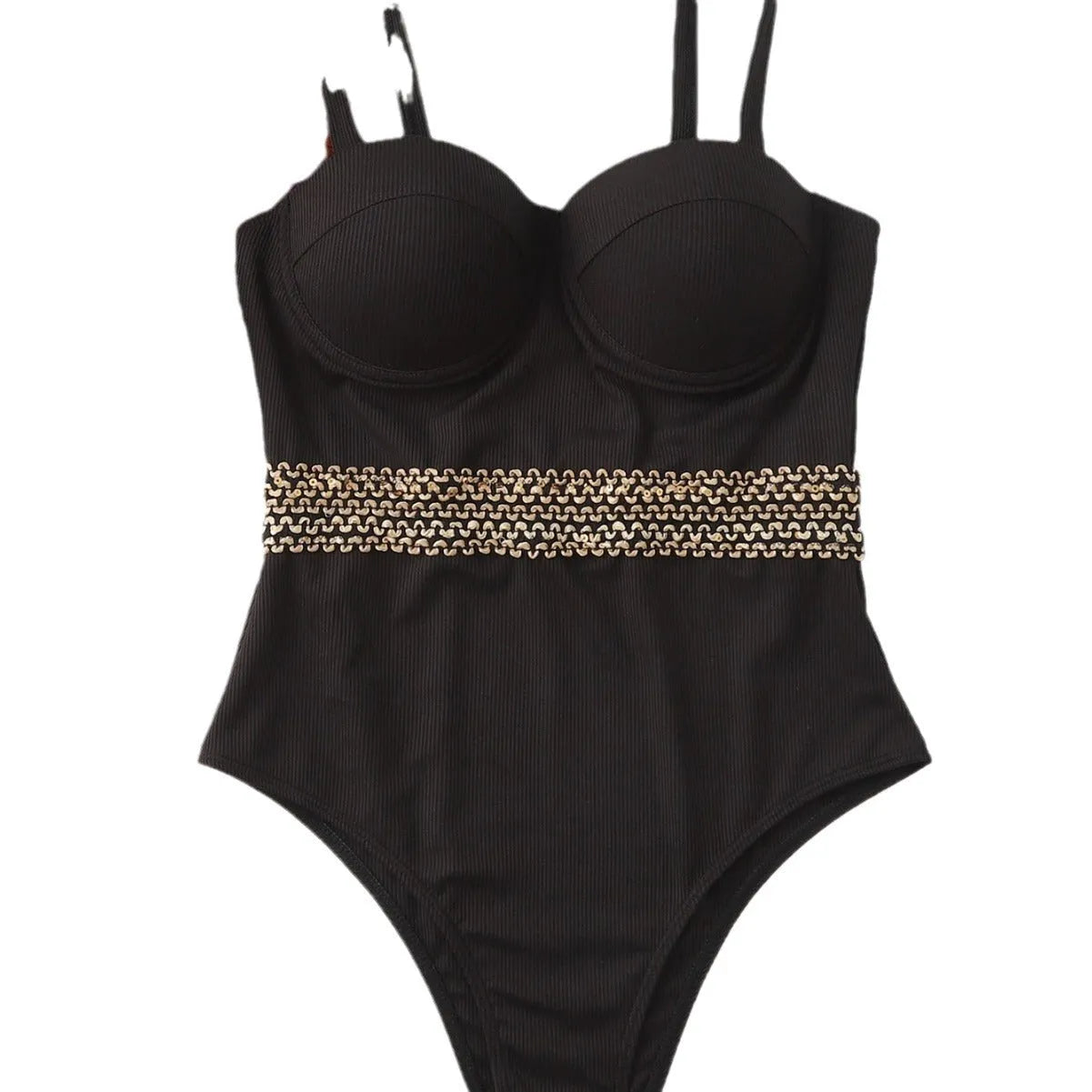 Black one-piece women's swimsuit bikini with adjustable shoulder straps on a white background.