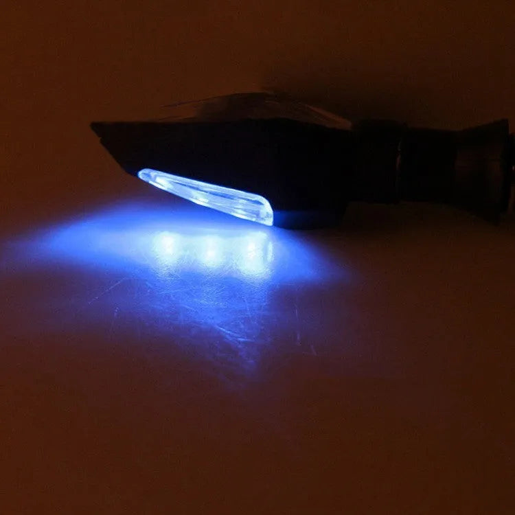 Motorcycle plastic LED turn signal indicator with double-sided luminous design in yellow and blue light options