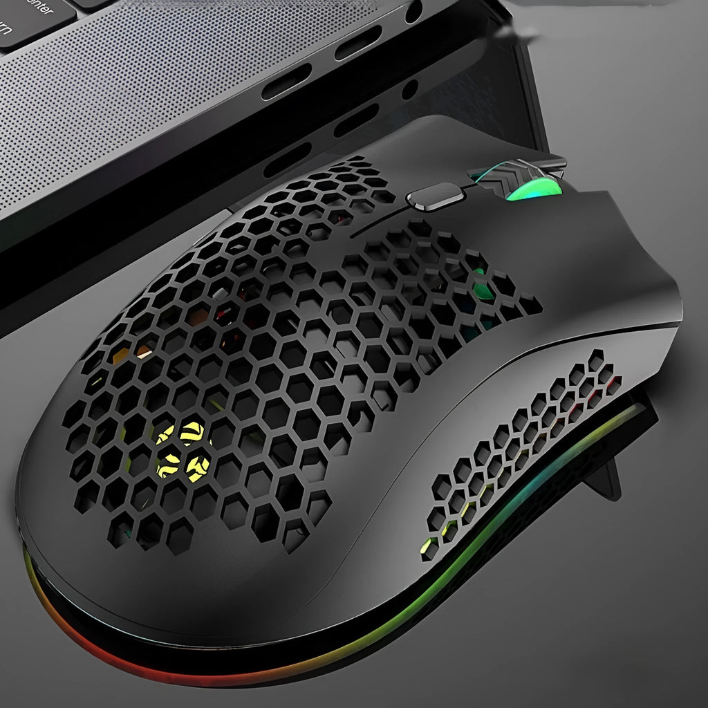 Hollow out wireless gaming mouse with RGB lighting in cyan, black or white