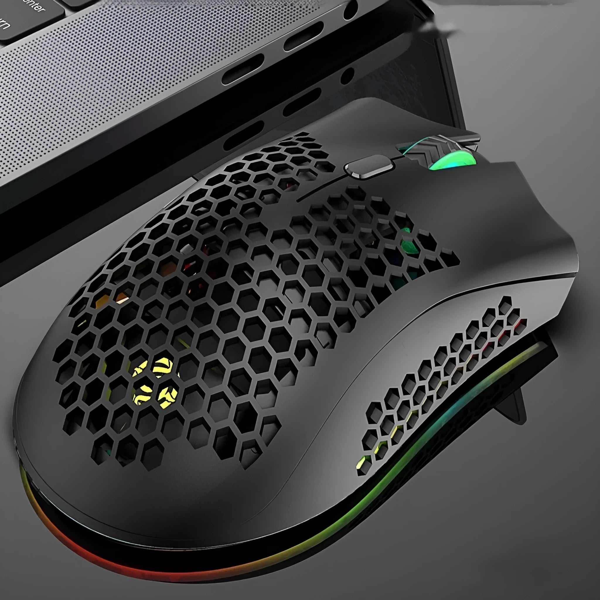 Hollow out wireless gaming mouse with RGB lighting in cyan, black or white
