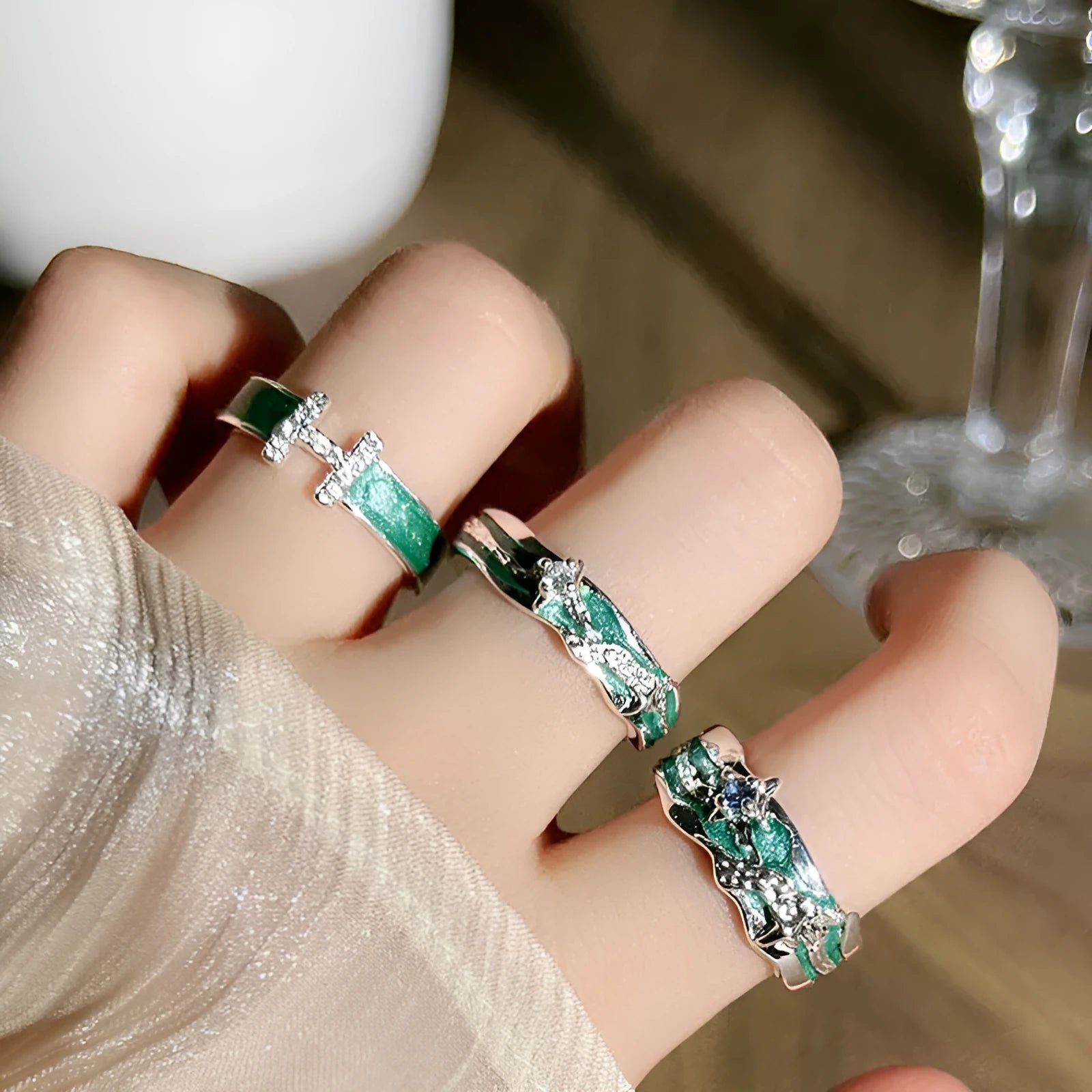 Mint green enamel asterism ring with folded copper construction and dripping oil treatment