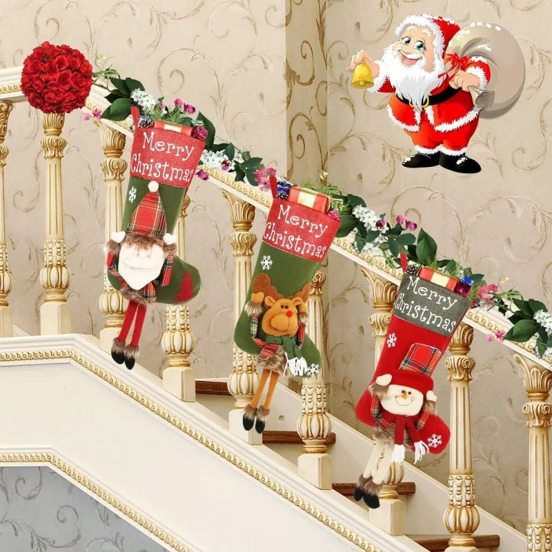 Three large Christmas stockings with Santa, Snowman and Reindeer designs hanging from a mantelpiece