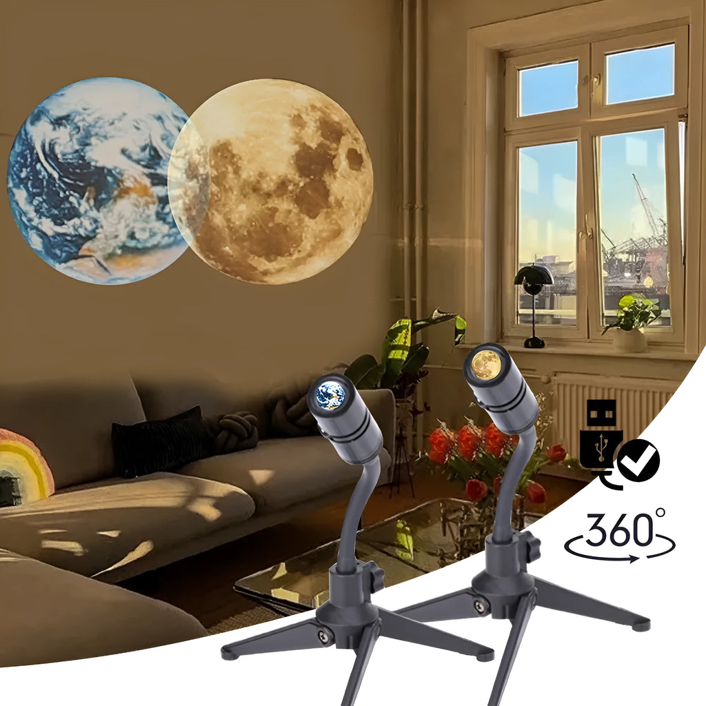 Earth and moon star projection lamp with adjustable hose bracket on a bedside table