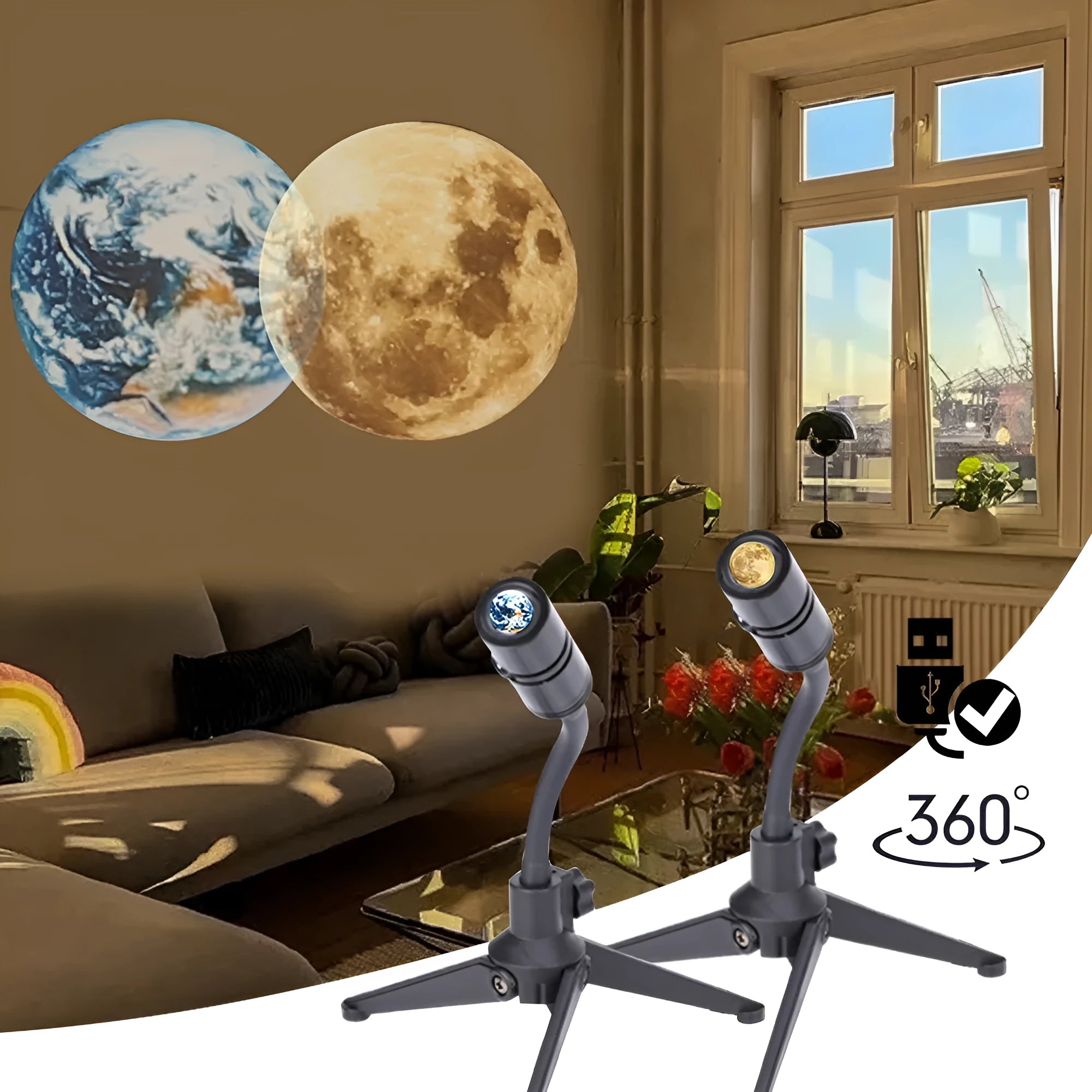 Earth and moon star projection lamp with adjustable hose bracket on a bedside table