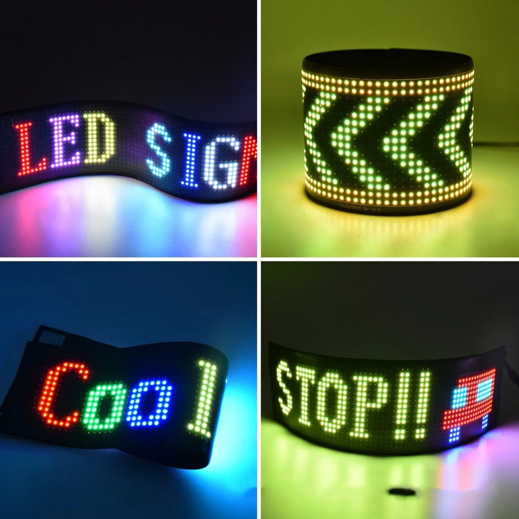 Programmable flexible LED car sign displaying custom animated text on a 7x17cm screen.