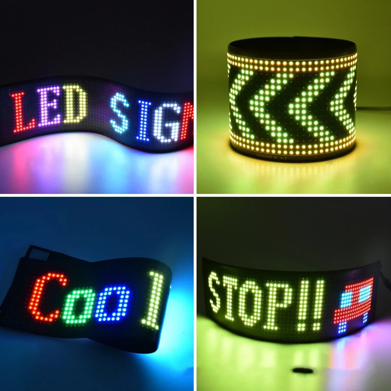 Programmable flexible LED car sign displaying custom animated text on a 7x17cm screen.