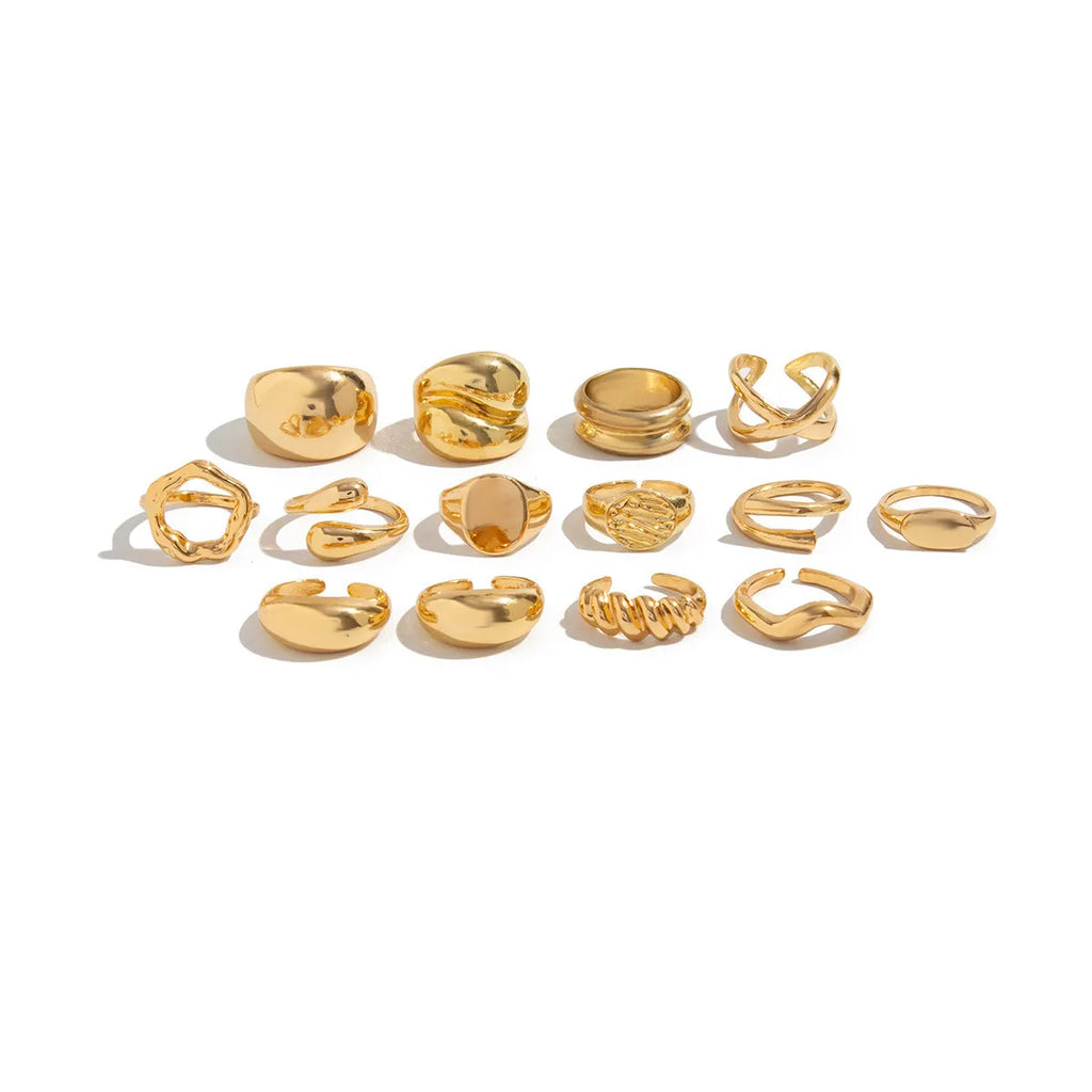 14 piece adjustable geometric ring set in Gold or White K with open-mouth alloy bands