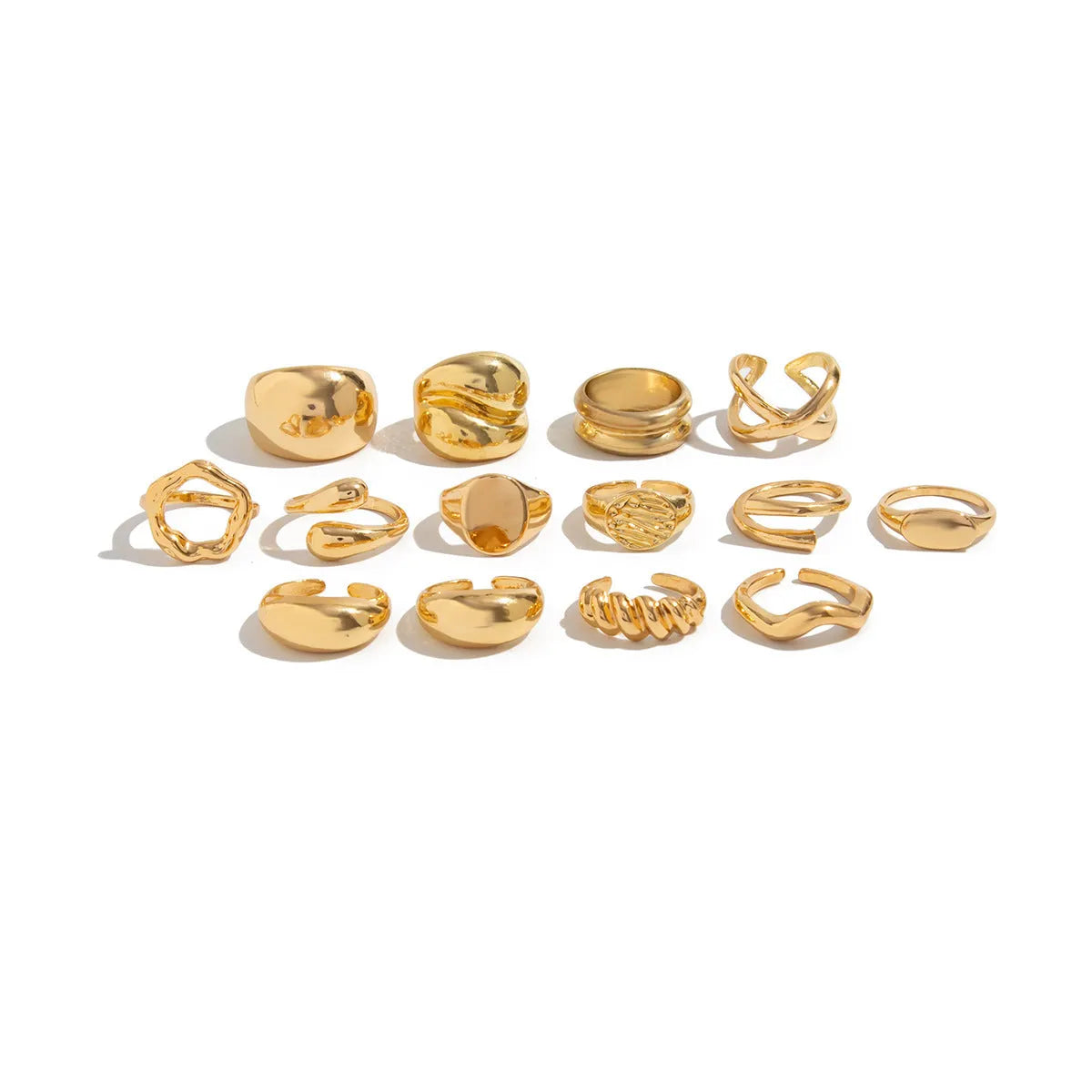14 piece adjustable geometric ring set in Gold or White K with open-mouth alloy bands