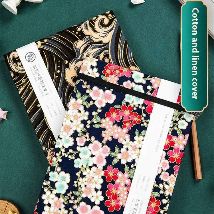 Feiluniao hand-painted fabric cover watercolour sketchbook showing 185mm portable size