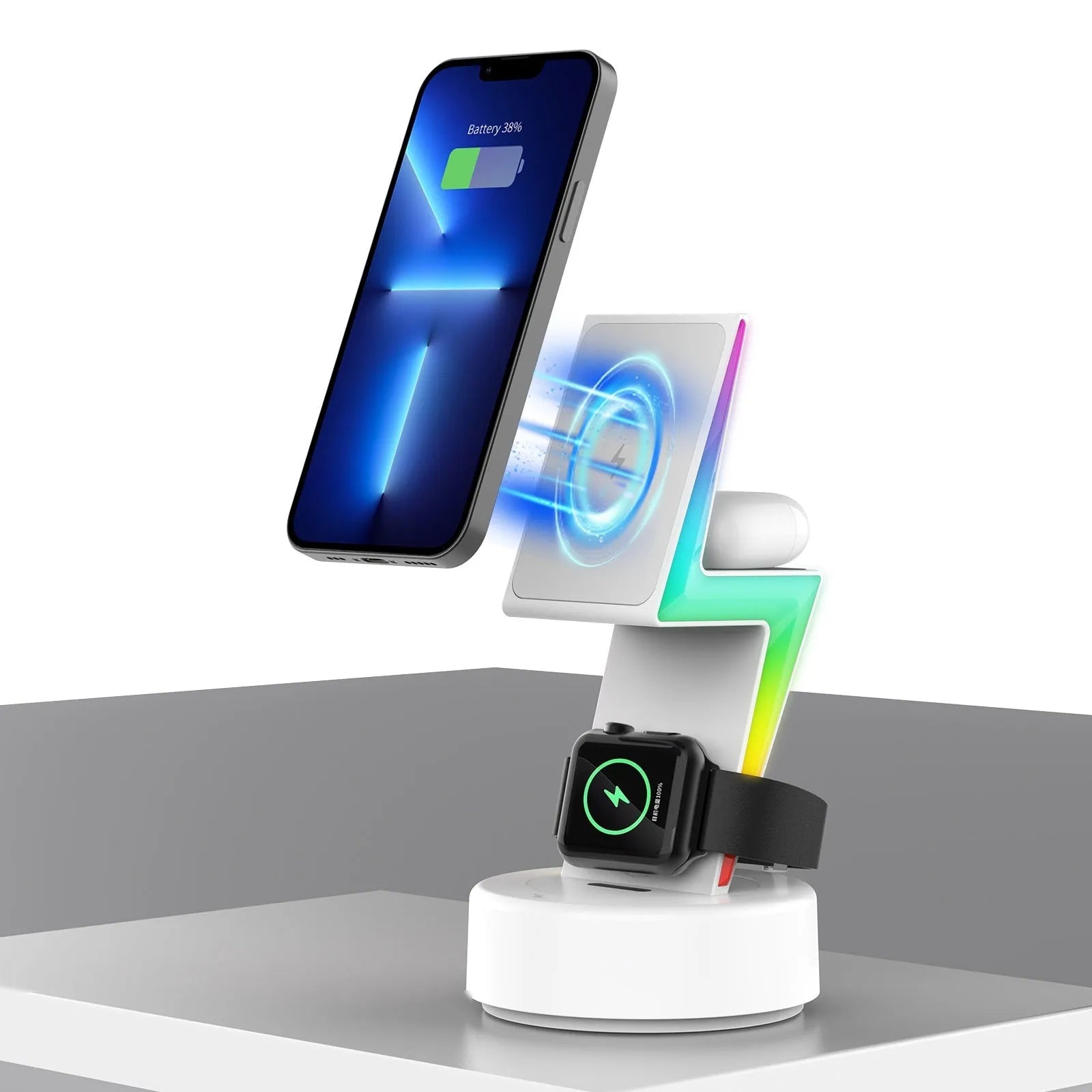 Lightning three-in-one wireless charger for mobile phone watch and headset in black finish