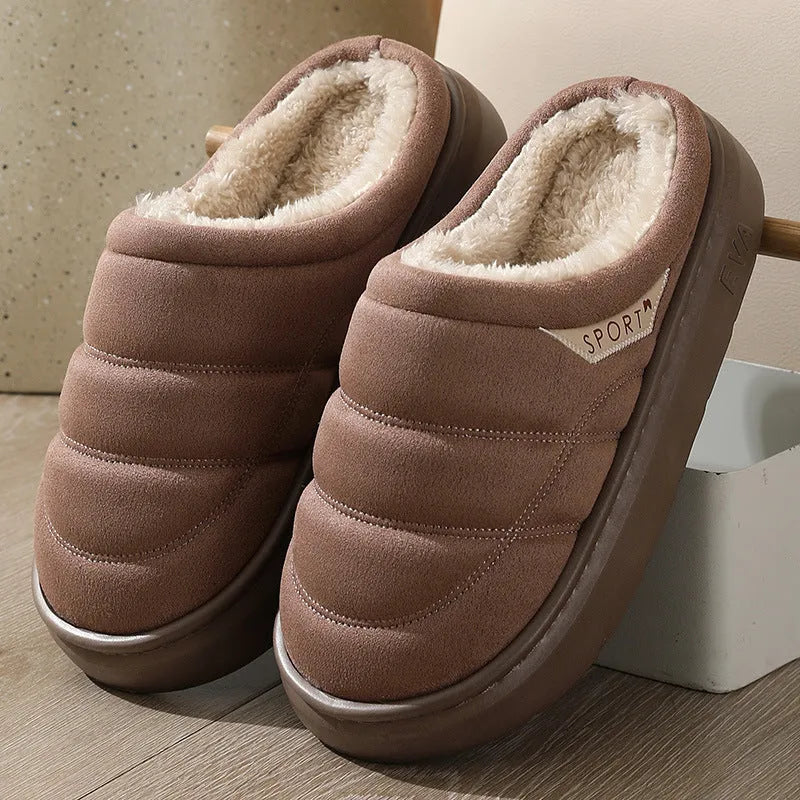 Plush indoor slippers with suede upper and EVA sole in grey, khaki, coffee, and camel