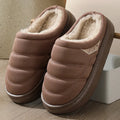 Plush indoor slippers with suede upper and EVA sole in grey, khaki, coffee, and camel