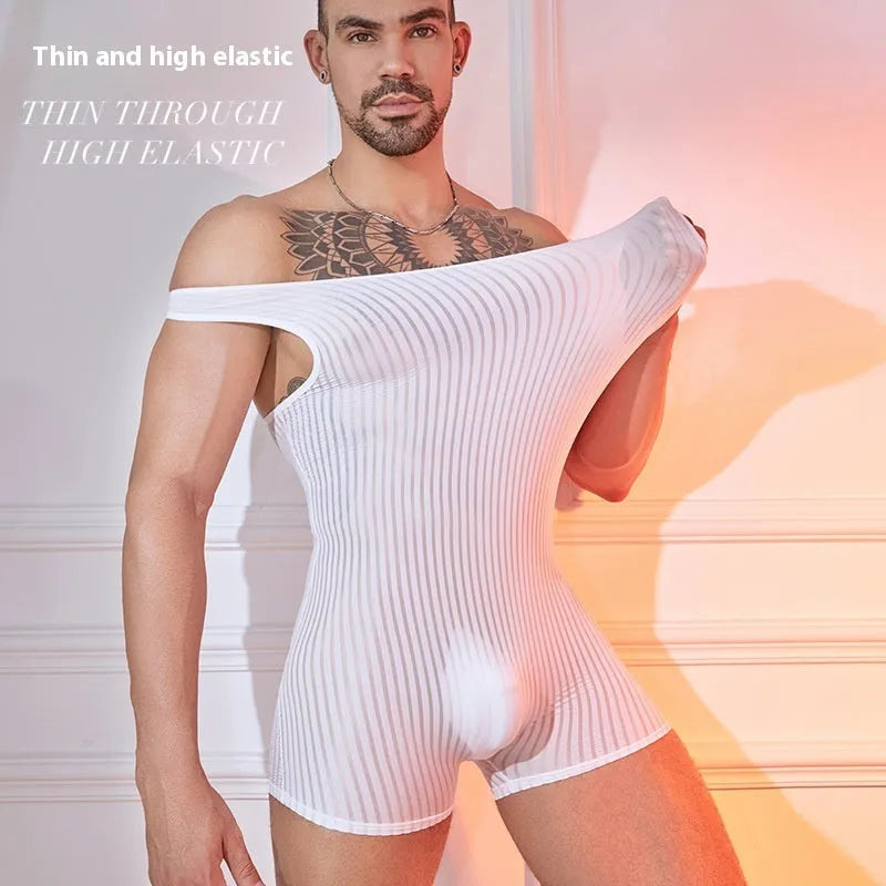 Men's black and white striped nylon jumpsuit, free size, front view