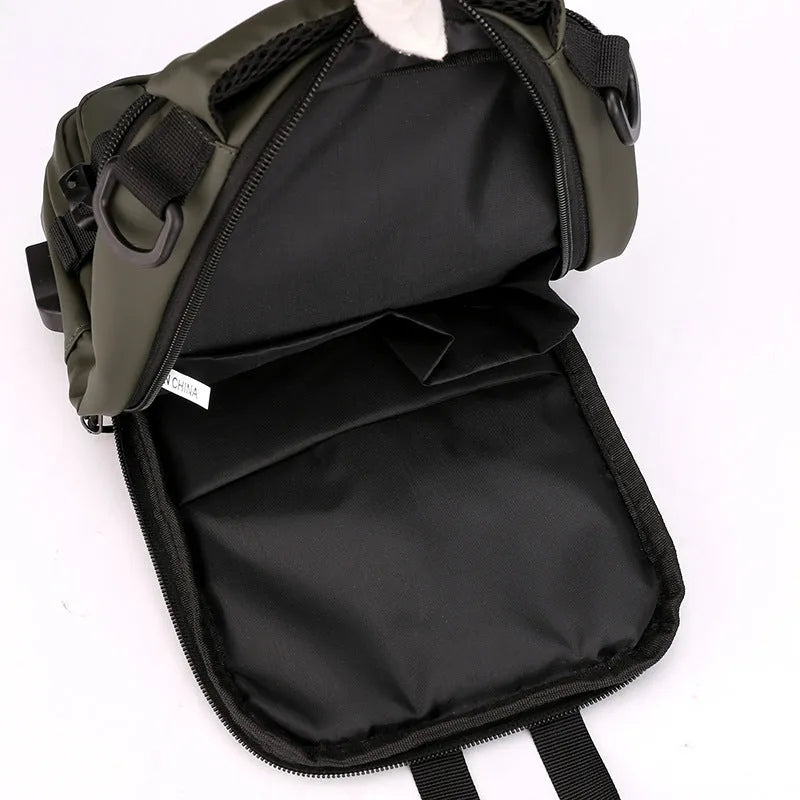 Men's waterproof nylon crossbody chest bag in khaki, medium square vertical section with zip closure and multiple compartments