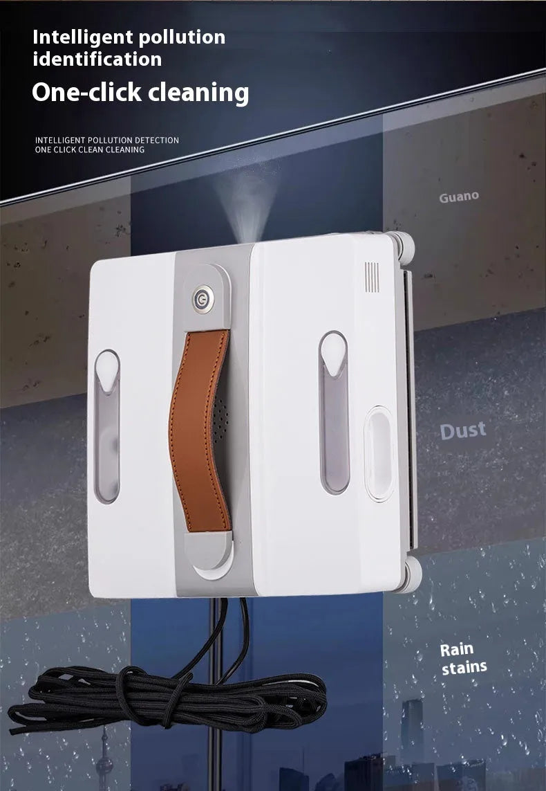 White intelligent window cleaning robot with four water spray nozzles for automated high-rise window maintenance