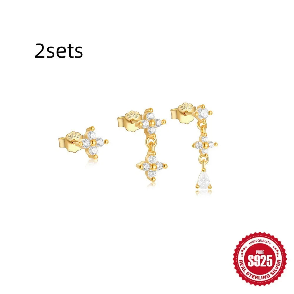 S925 sterling silver geometric zircon tassel earrings set in gold colour with three coordinated designs