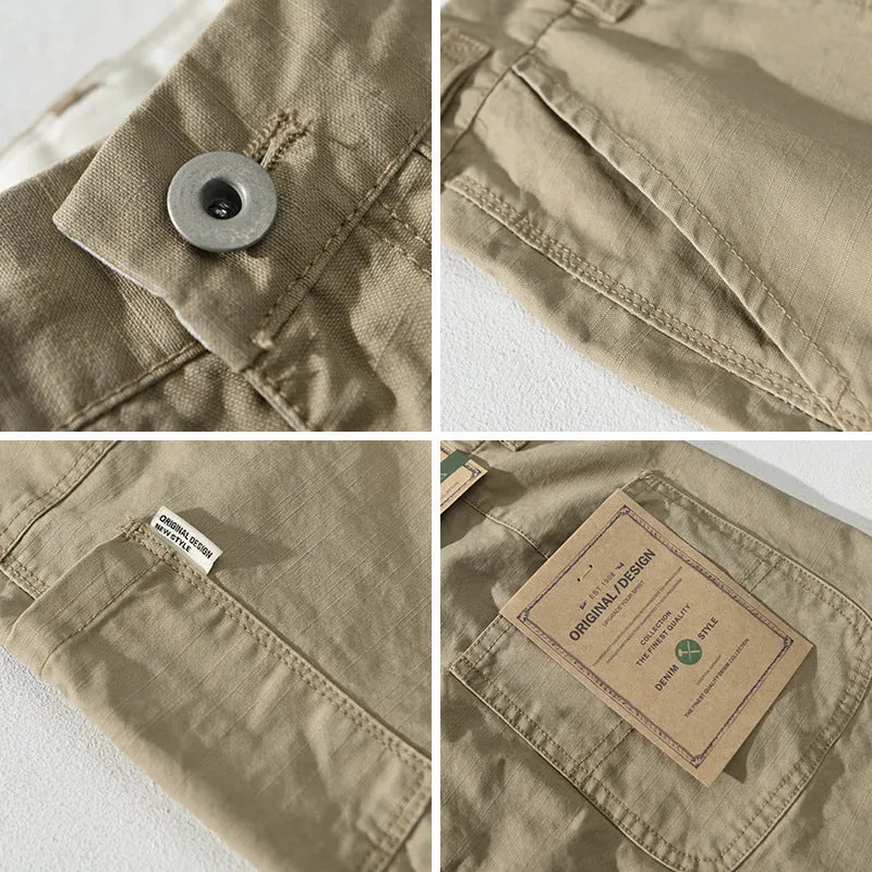 Men's straight leg cotton work trousers in apricot, army green, or brown colours with mid waist fit