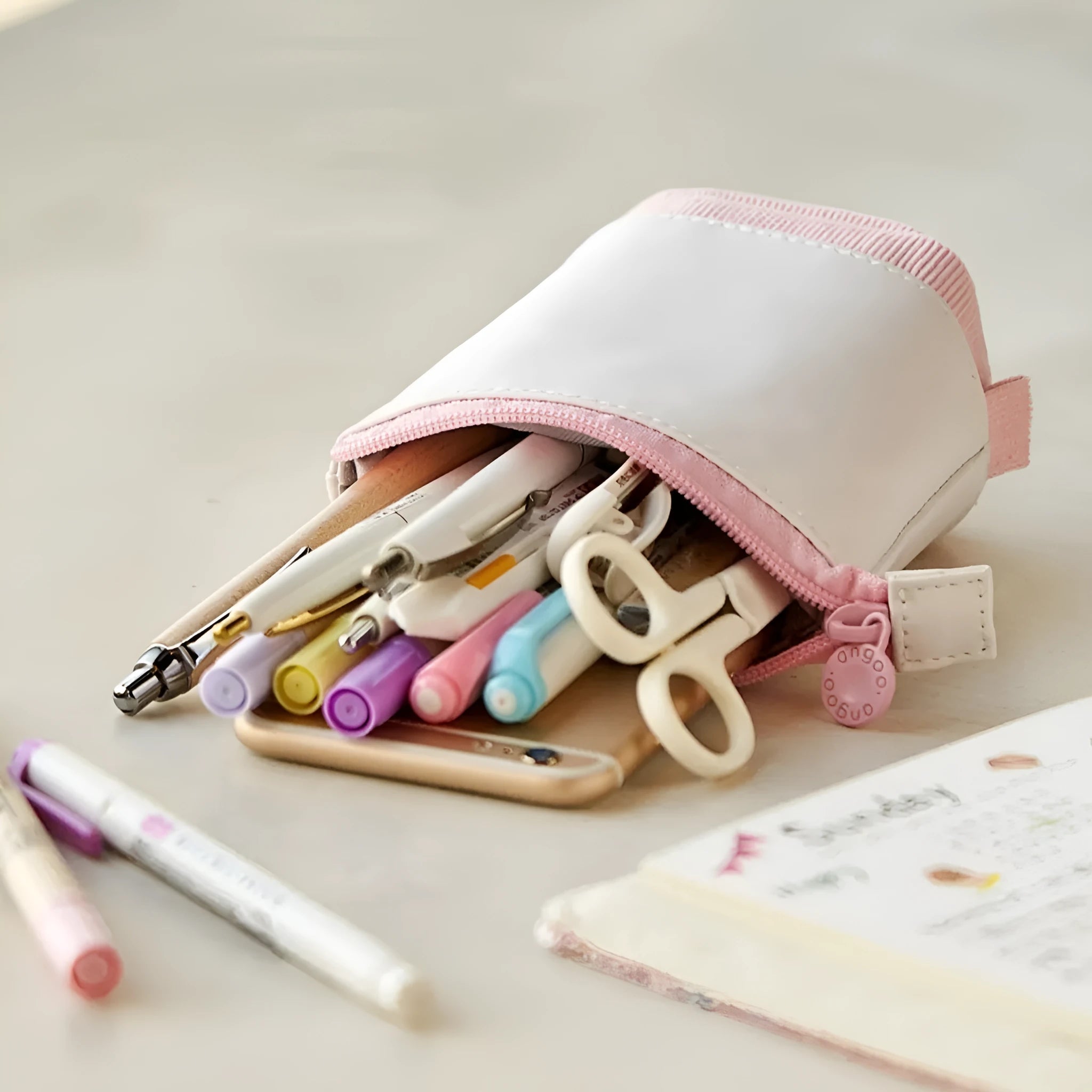 Korean style telescopic drop-down stationery case in coloured PU corduroy on a cotton and linen base.