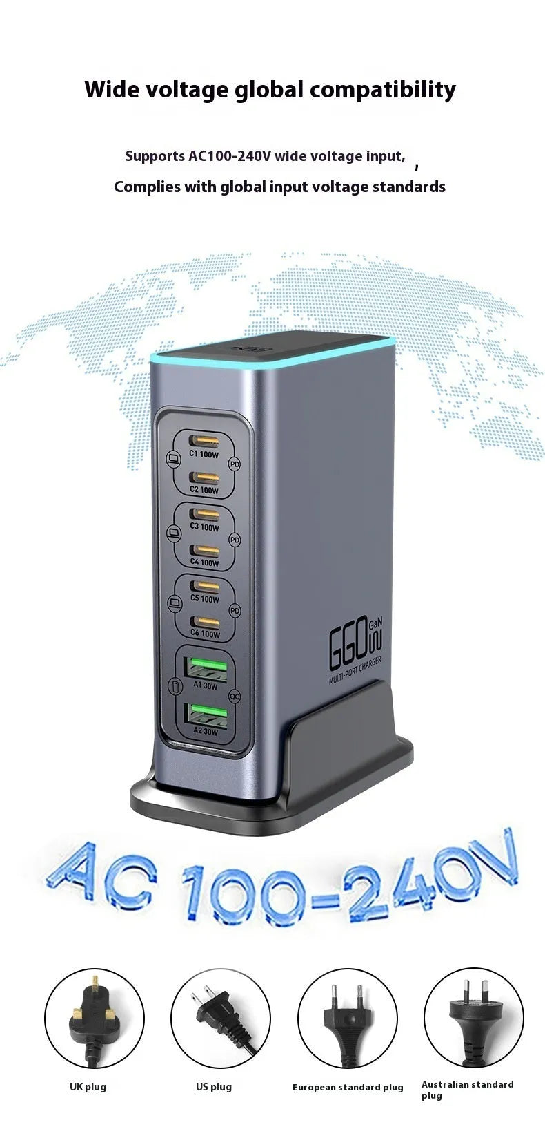 660W Gallium Nitride desktop fast charger with multiple Type-C ports on a wooden desk
