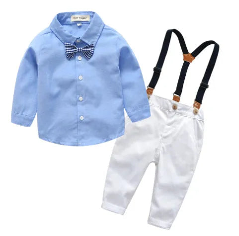 Blue boys Korean-style gentleman bib pant suit with long sleeves and coordinating bow tie