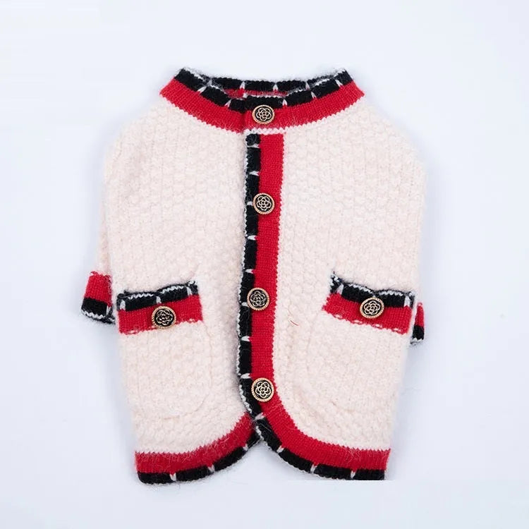 Blue classic style dog cardigan sweater with princess design on mannequin
