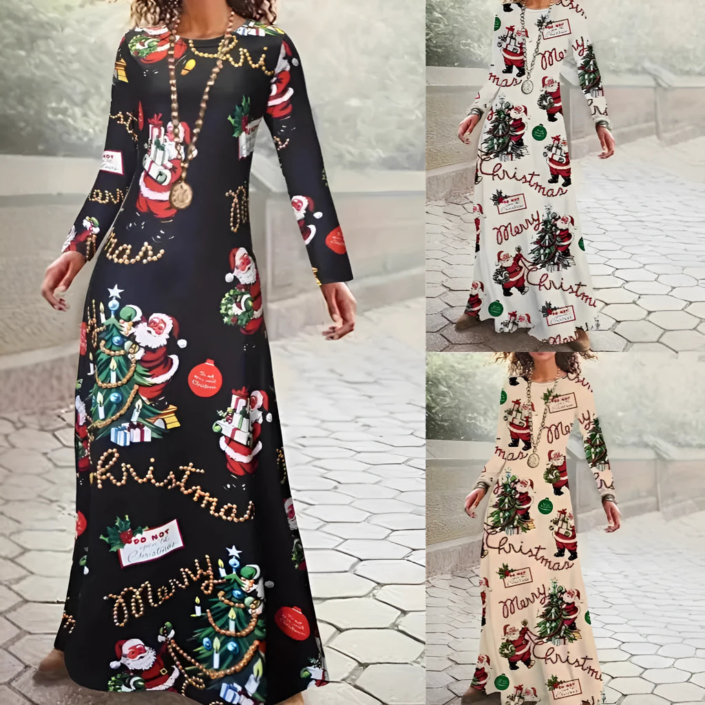 Santa Claus printed round neck long sleeve polyester dress in beige with mid waist and long skirt