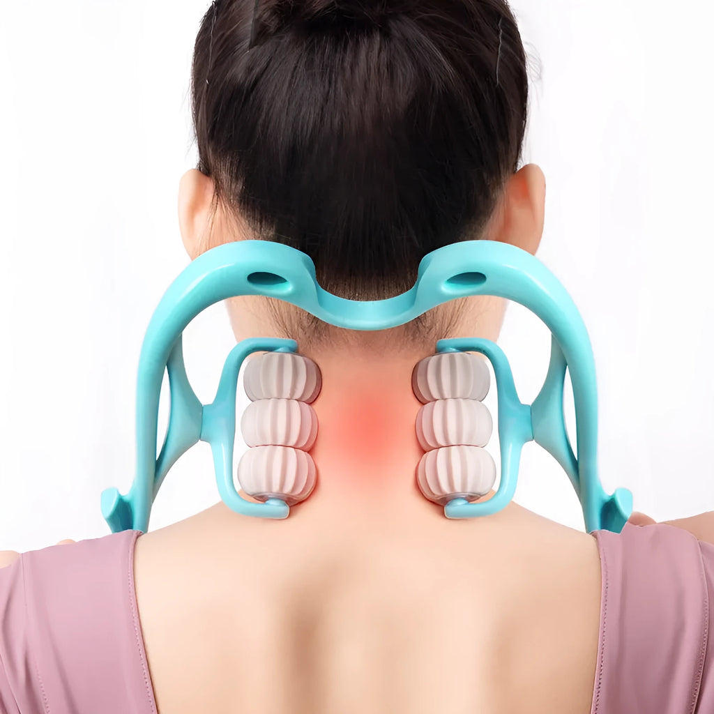 Blue swan-shaped six-wheel manual neck massager with rotating balls and natural jade scraping board on white background