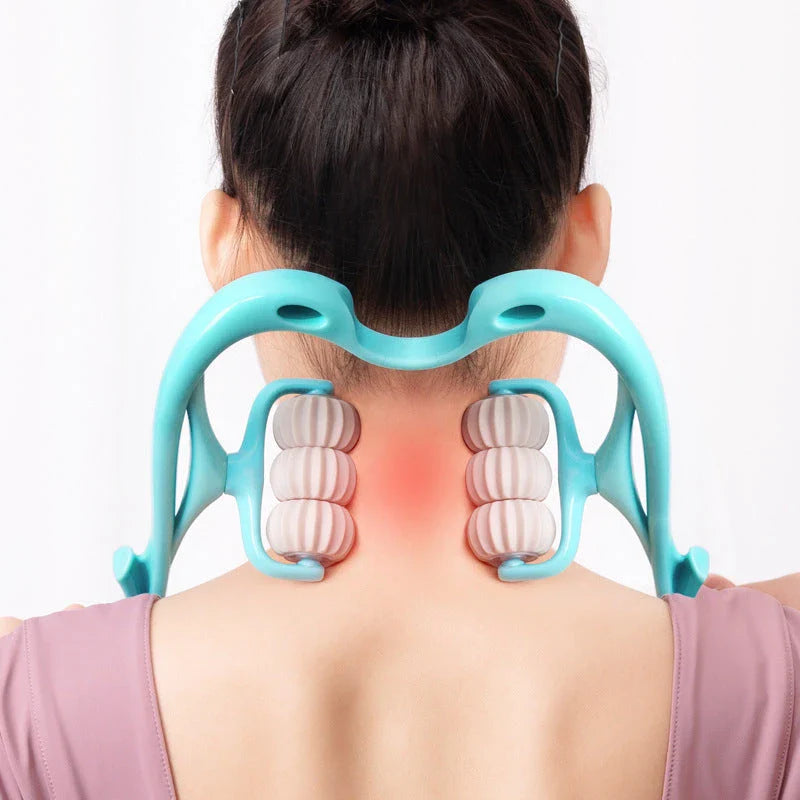 Ergonomic neck and back massager with six motorized rollers for deep tissue massage and muscle relief