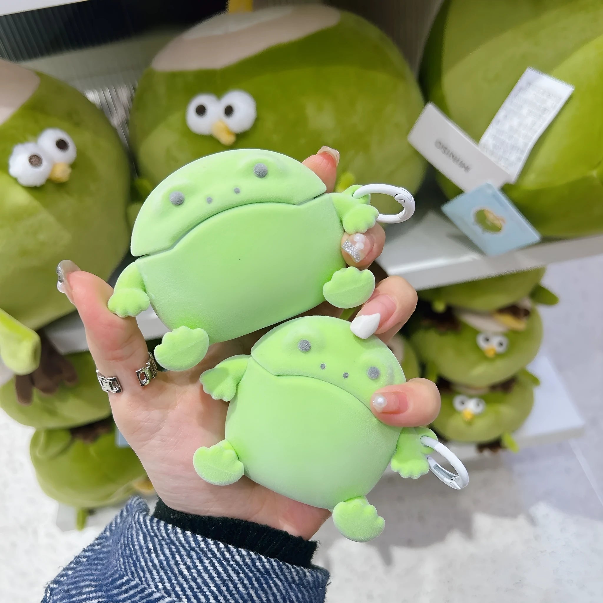 Flocking frog TPU protective case for AirPods with lanyard, embossed cartoon design, fits multiple generations
