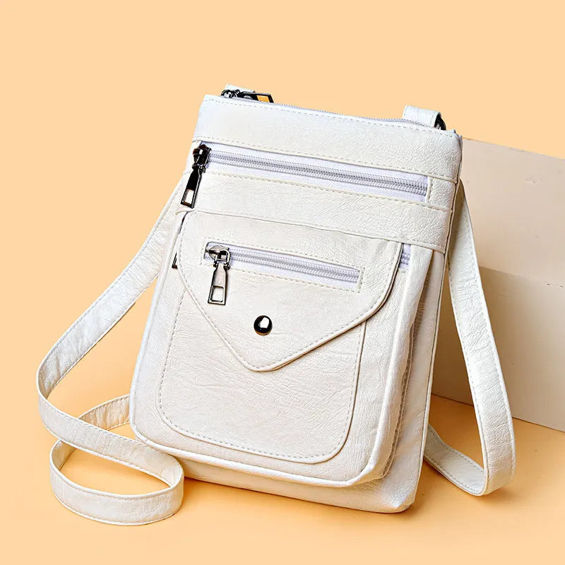 Vertical square crossbody phone shoulder bag for women in black, white, grey, or yellow brown