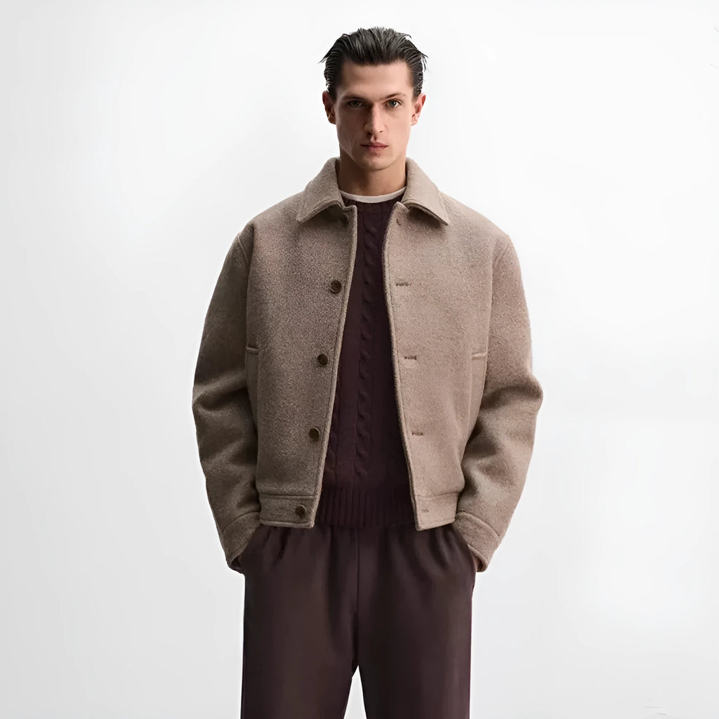 Men's taupe loose wool woven lapel long sleeve casual jacket coat single-breasted front view