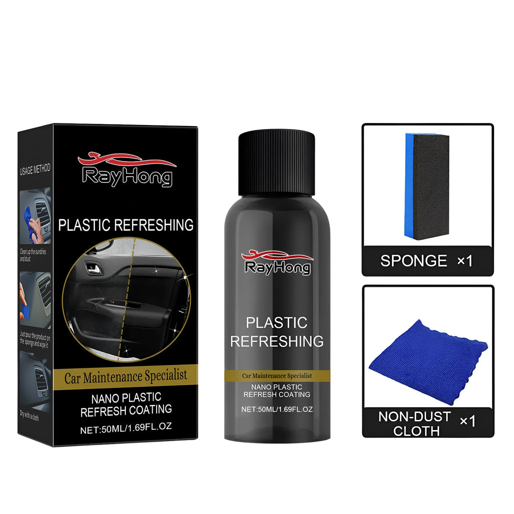 Nano plastic refresh coating kit with spray bottle, applicator sponge, and microfibre towel.