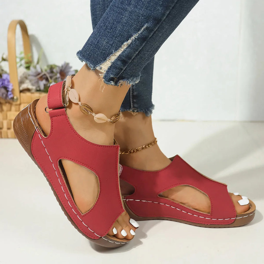 Women's plus size wedge sandals with Velcro fastening, PU upper, round toe, sizes 36-43