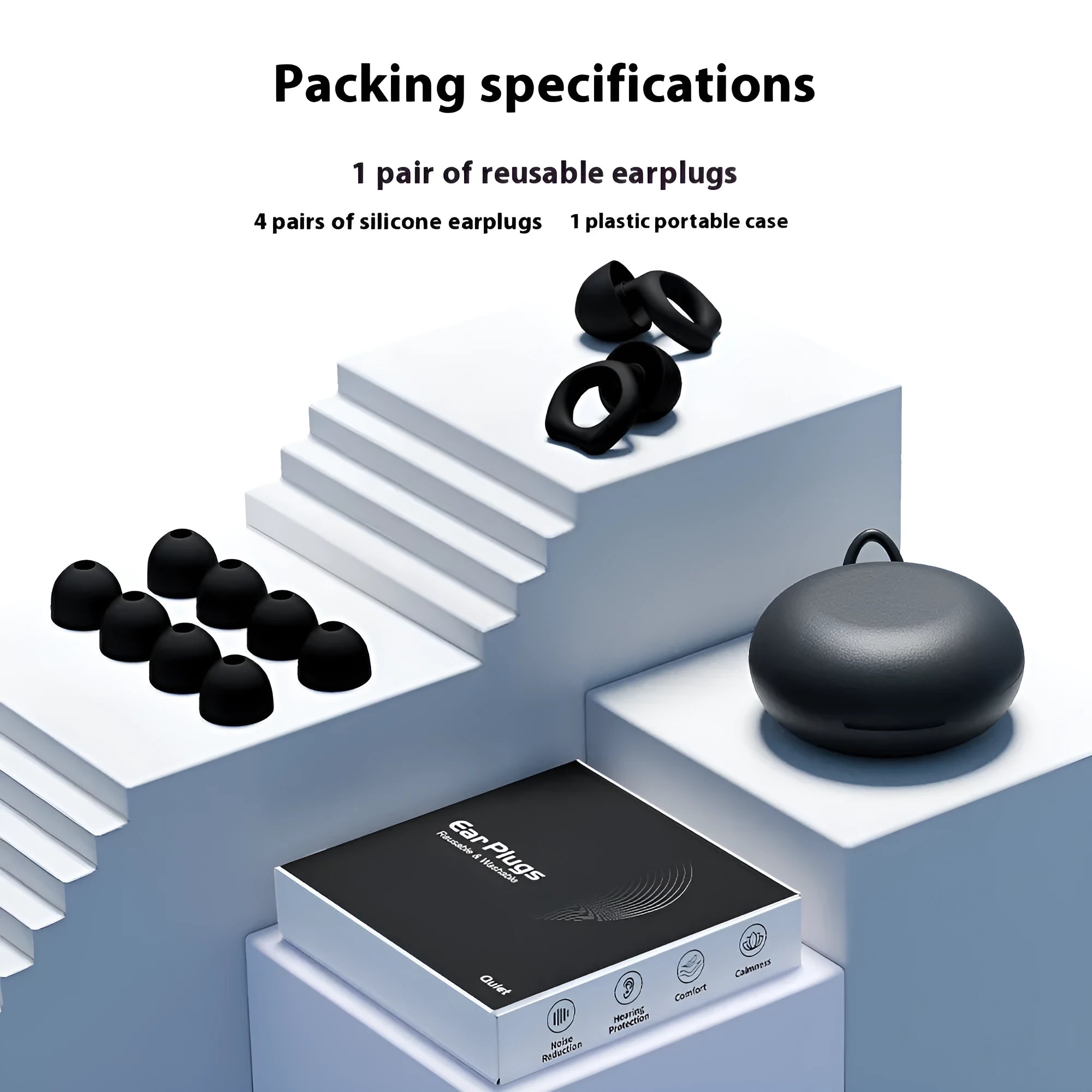Silicone soundproof earplugs in five colours: black, blue, green, purple, and white