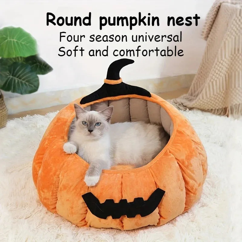 Halloween pumpkin design plush cat bed for cats and small dogs in orange colour.