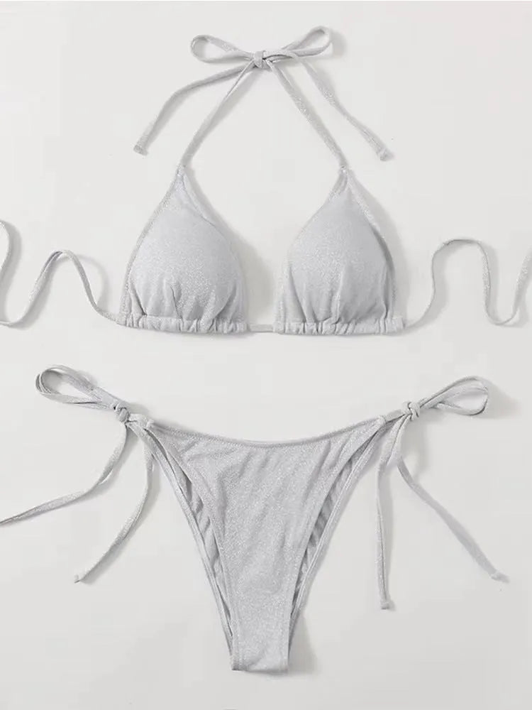 Women's khaki gold bandage bikini swimsuit with split hip detail on the briefs.