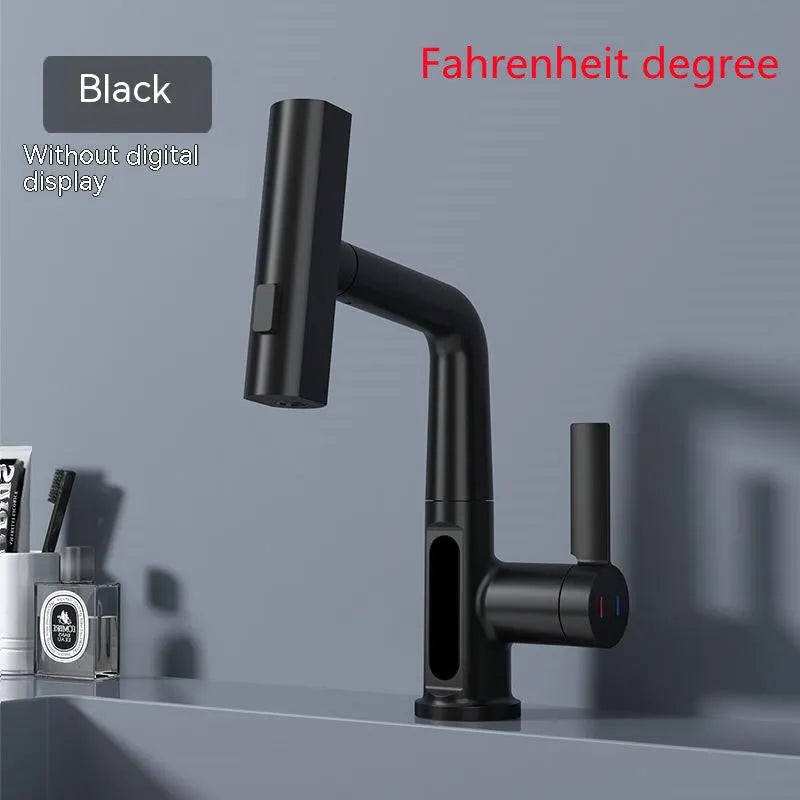 Digital display kitchen tap with pull-out spray hose showing temperature readout