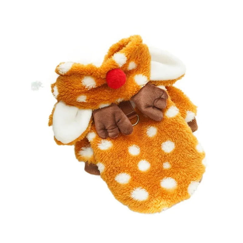 Elk reindeer costume for dog or cat with fleece lining, showing two-leg design and festive appearance