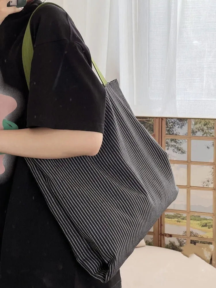 Canvas multi-layer tote shoulder bag showing light pink stripes pattern with 24cm shoulder strap